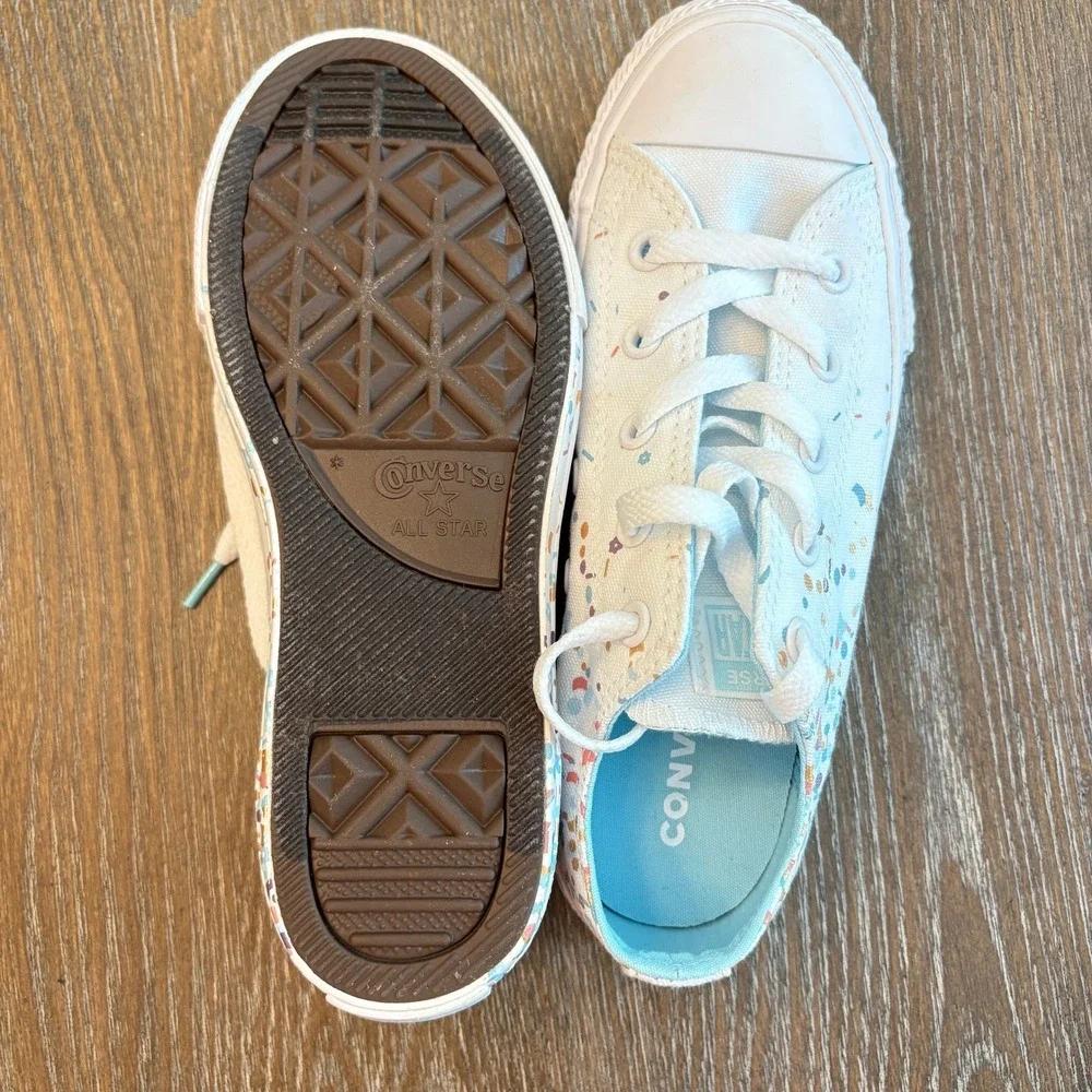 Converse Junior Size 2 All Star Low‎ Top Confetti Sneakers White Cyan